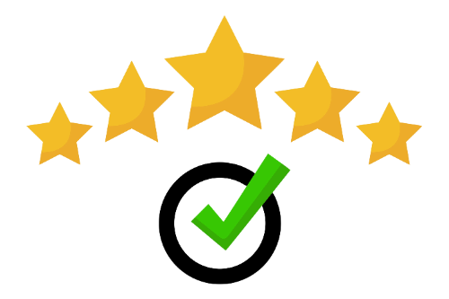 Fünf goldene Sterne über einem schwarzen Haken in einem Kreis.